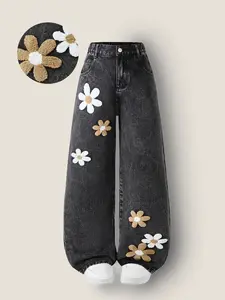 Spring Summer Girls' Floral Jeans, 3D Flower Embroidery, Loose Fit High Waist, Elastic Back, Button Closure, All Seasons, Floral Embroidery Pants, Denim Embroidery Jeans