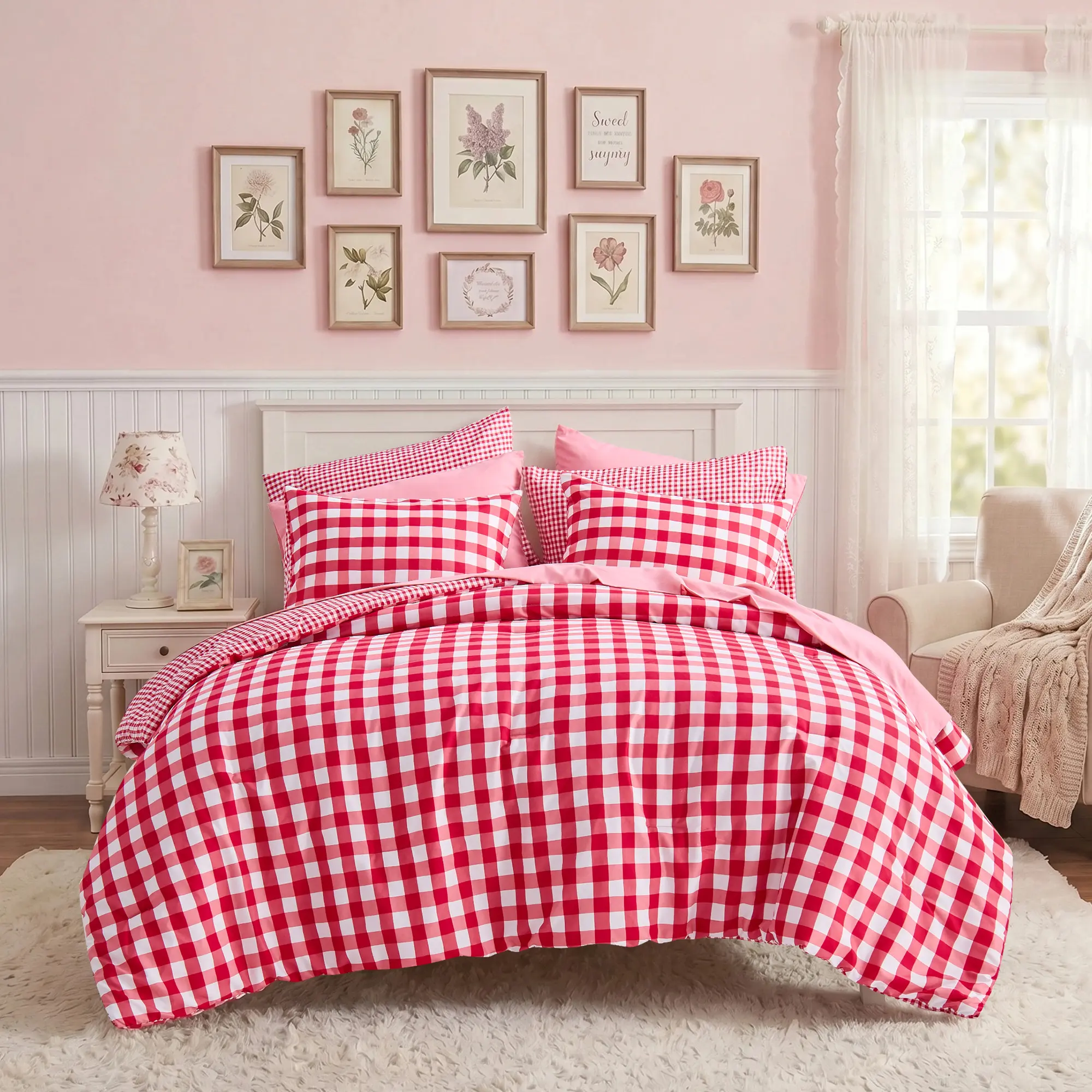Reversible Check Plaid Microfiber Comforter Set, Vintage Gingham Bedding, All Season Bed In A Bag