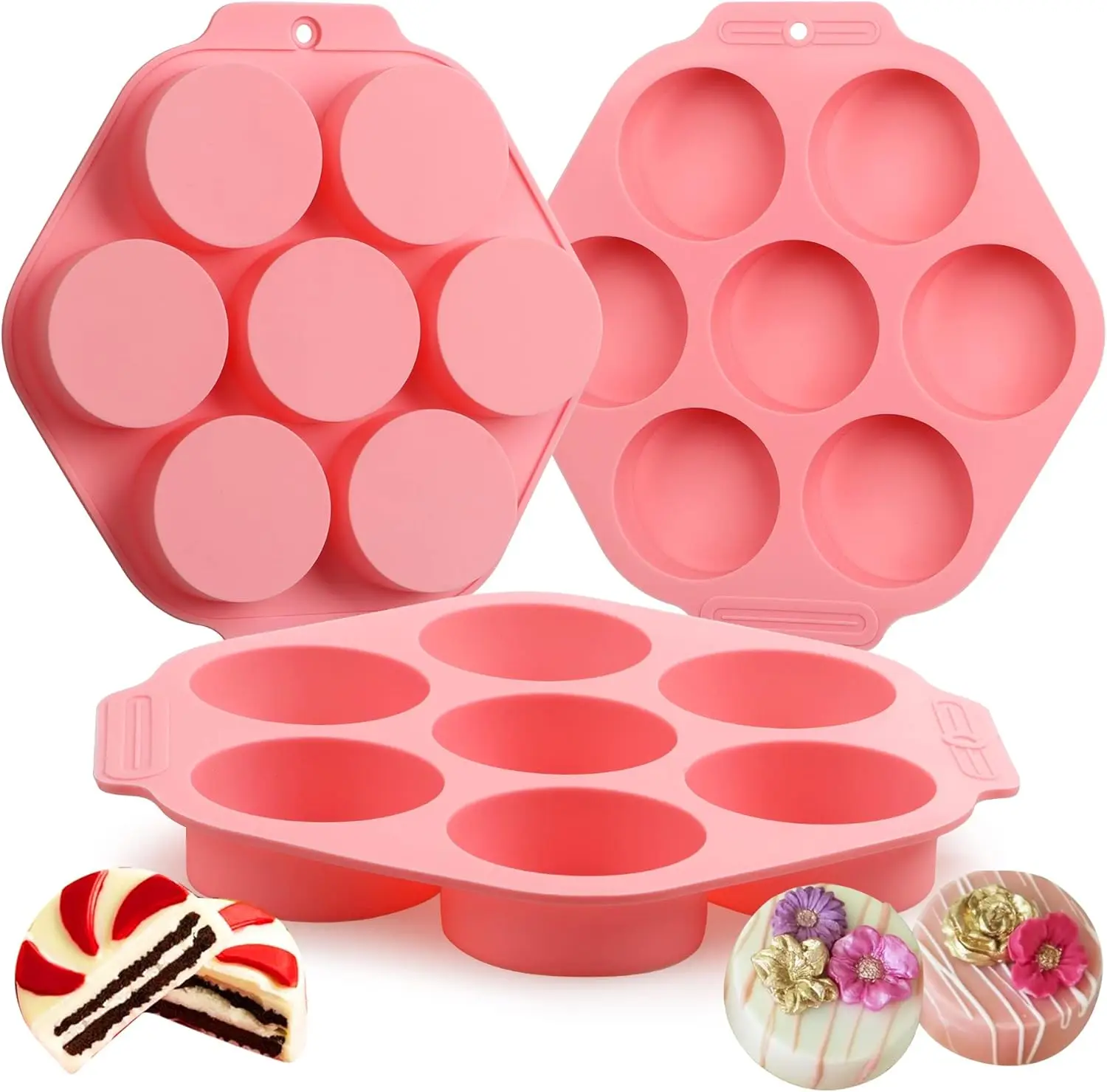 Sidosir 3Pcs Cookie Chocolate Silicone Mold,7-Cavity Round Cylinder Chocolate Cover Molds for Candy, Silicone Baking Molds for Mini Cakes, Jelly