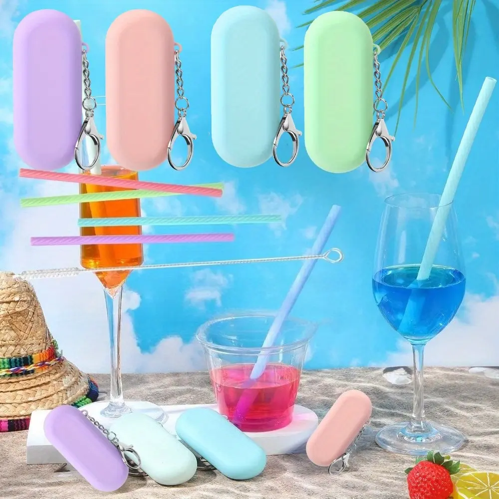 4 Set Silicone Straws with Case Reusable Silicone Portable Drinking Straw Set for Party Travel Cold or Hot with 4 Carry Case, 1 Cleaning Brushes