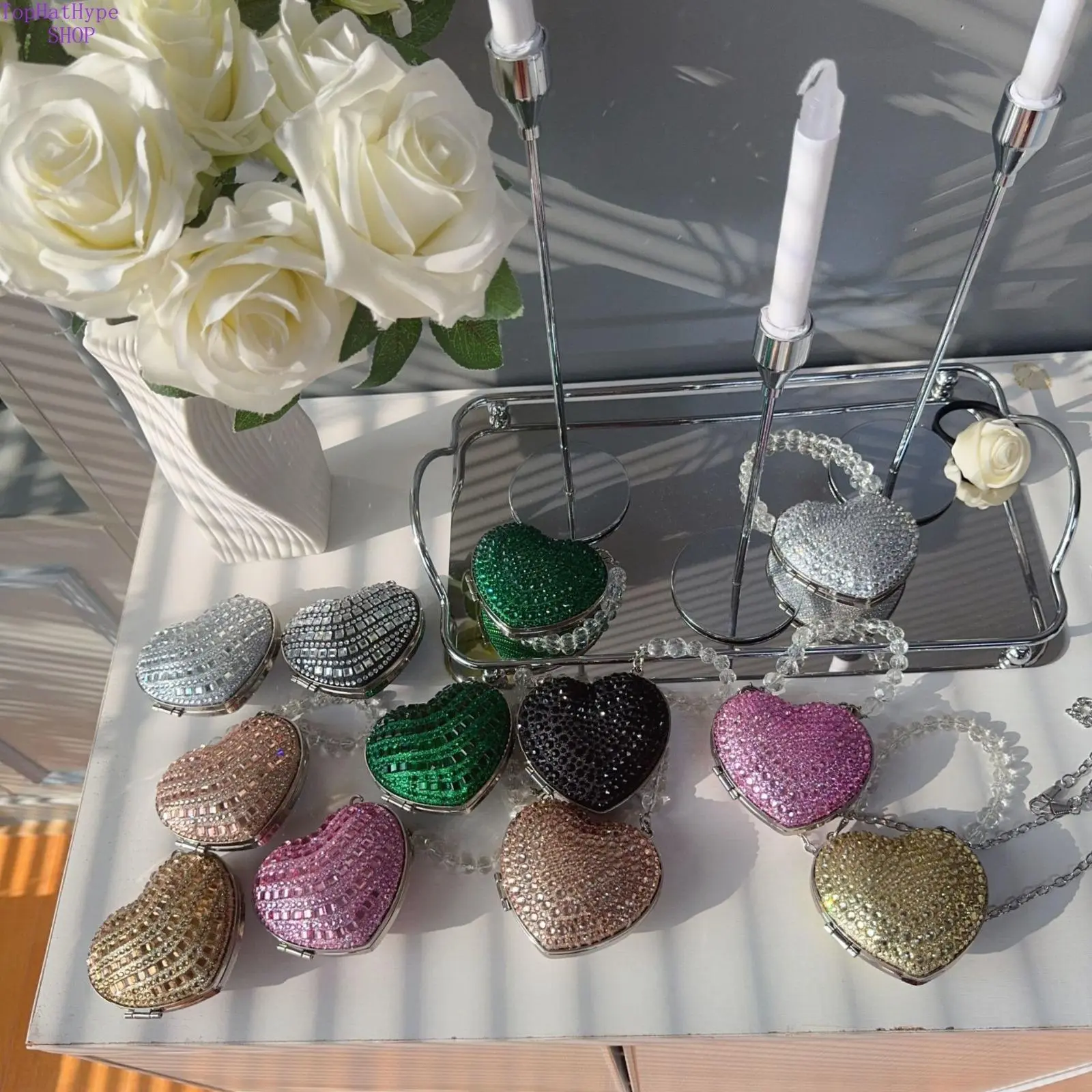 Women's 2026 Bling Heart Crystal Clutch Purse - Sparkling Rhinestone Evening Handbag with Beaded Chain, Light Luxury Mini Crystal Bag for Prom, Wedding