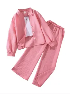 Two-piece Set Girl's Solid Color / Bow Pattern Shirt & Pants Set, Suits, Fashion Set, Casual Long Sleeve Collared Top & Trousers for Spring & Fall, Kids Clothes for Daily Wear