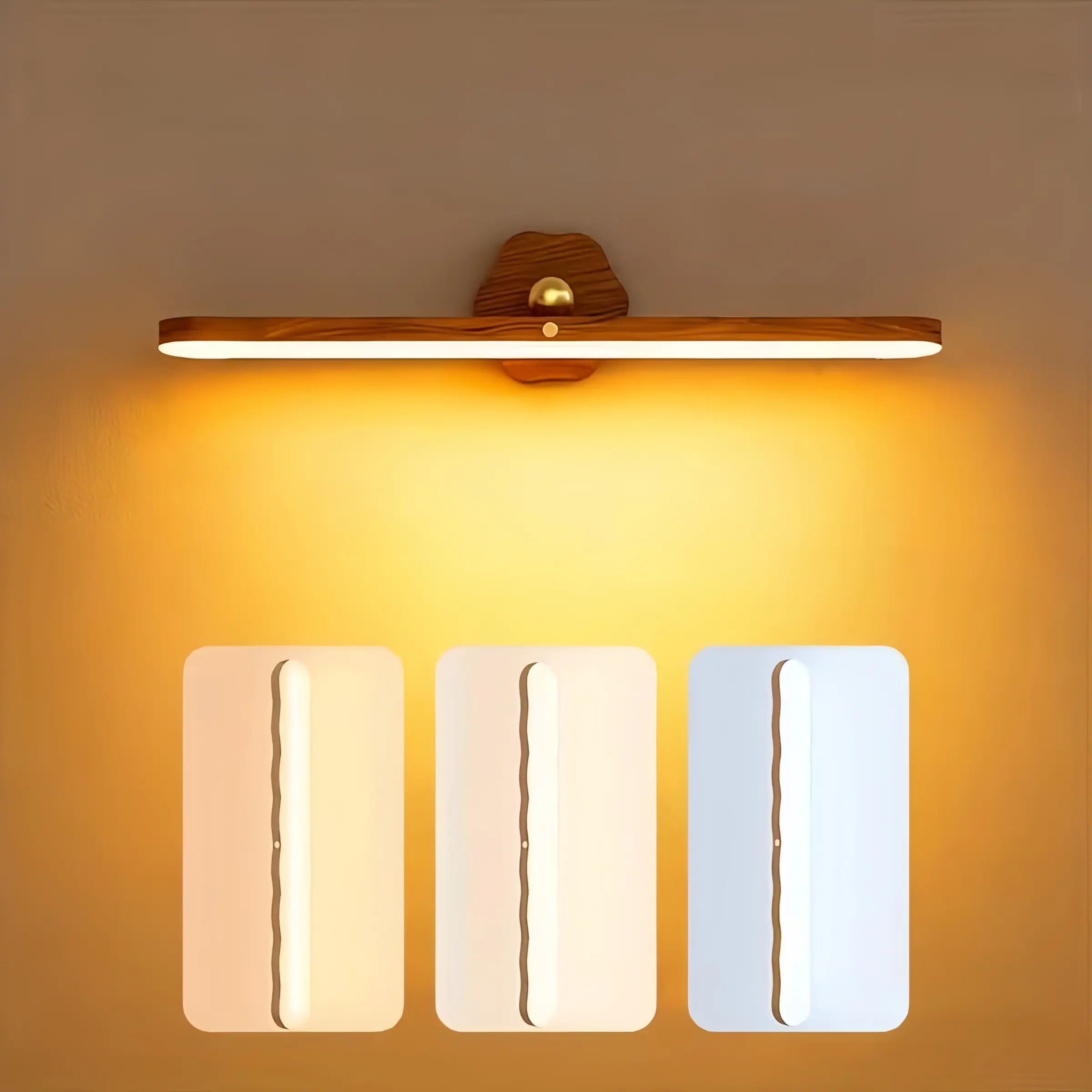 LED Rechargeable Wood Grain Rotating Light with Touch Control, 3-Level Dimming Vanity Lamp for Bathroom Living Room Bedroom Kitchen Closet Nightstand, Decorative Wall Light