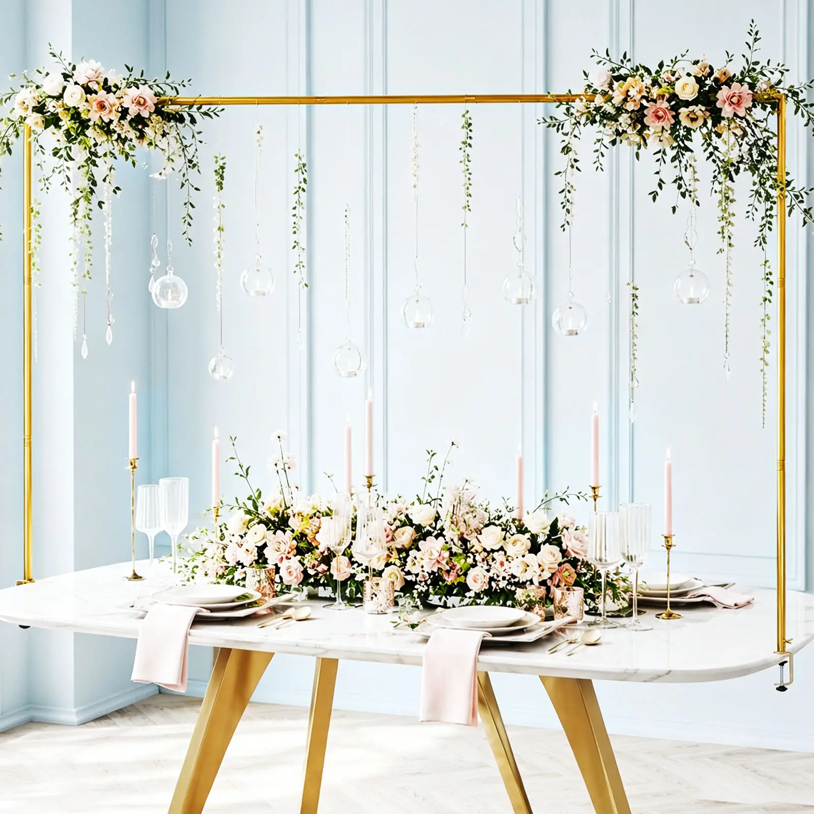 Over The Table Rod Stand with Clamps, Adjustable 32"-102'' Length 14"-56" Height Metal Gold Table Arch Hanging for Wedding Birthday Party Halloween Christmas Anniversary