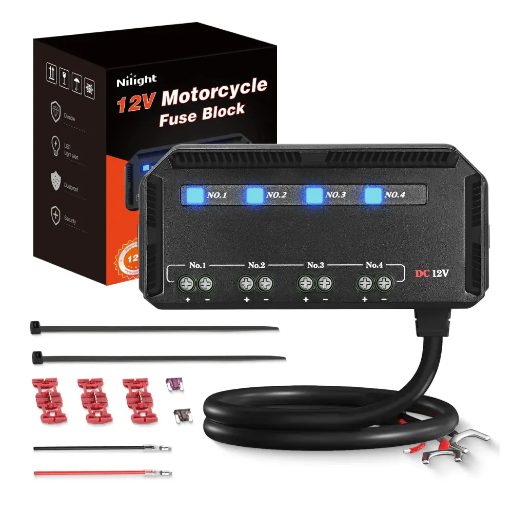 Nilight 12V PC Plastic 4-Circuit Fuse Block - High-Quality Automotive Circuit Safety Device with LED Light Blow Detection, Fork Terminal Cables, Manual, Cable Ties, 1 Double-Side Tape, 4x5A Fuses, 3 Boat-Type Wiring Clips for Cars, ATVs, Appliances