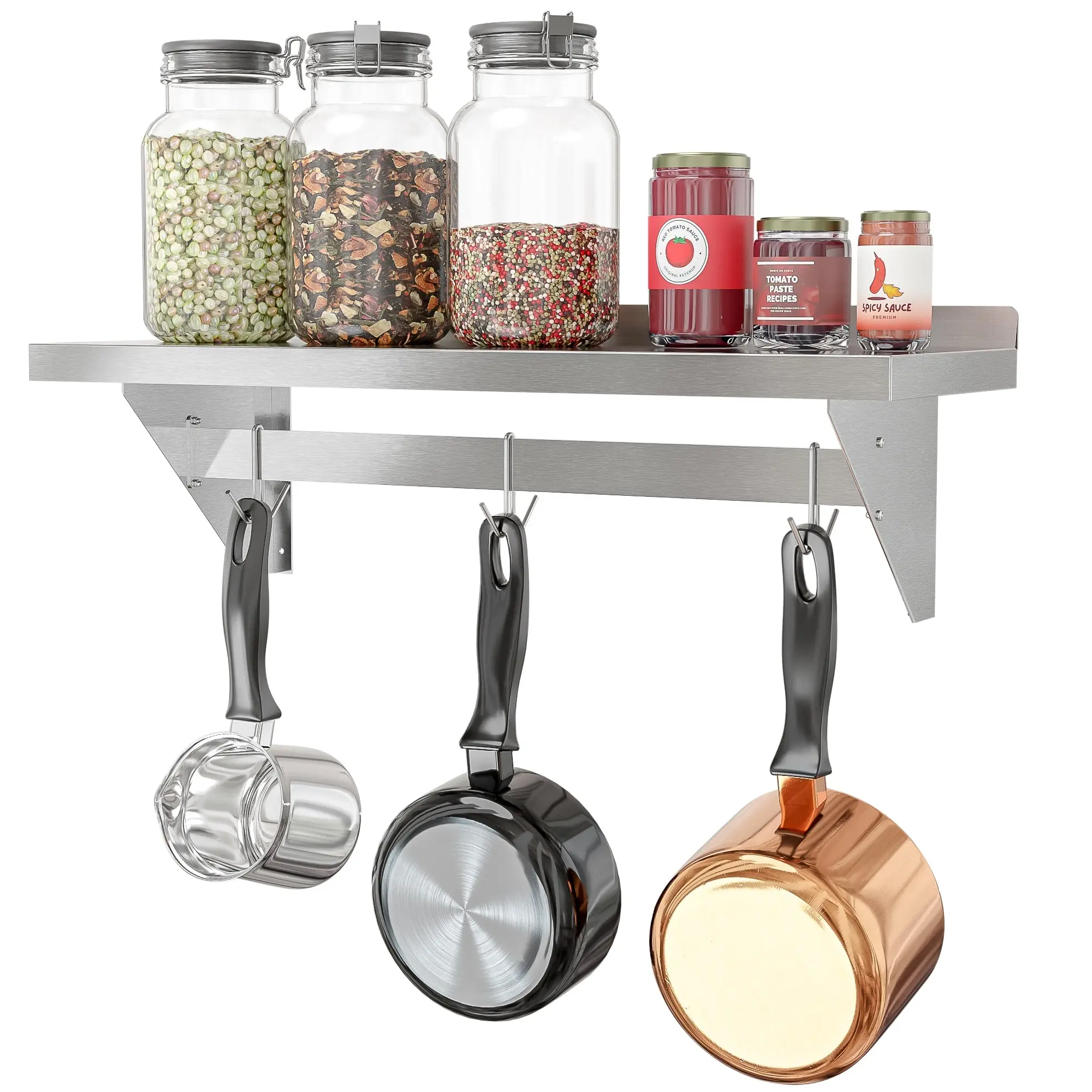 12" x 36" 18-Gauge Stainless-Steel Heavy-Duty Wall-Mount Organiser Shelf with Removable Corrosion-Resistant Kitchen Pot Rack, Home Storage Hooks & Shelves