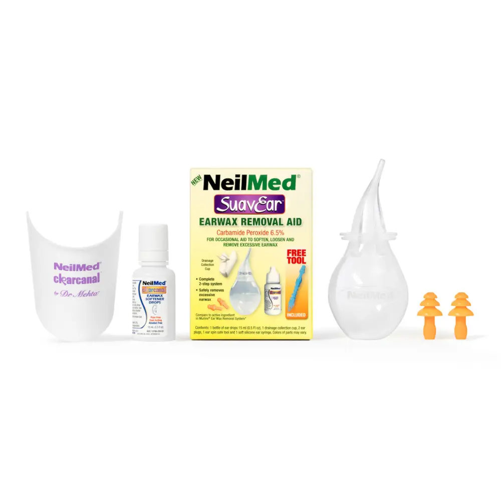 NeilMed SuavEar Ear Wax Removal Aid - Carbamide Peroxide Ear Drops - Complete 2-Step Kit with Ear Plugs, Silicone Bulb Syringe, Spin Safe Tool & Drainage Cup - 15mL