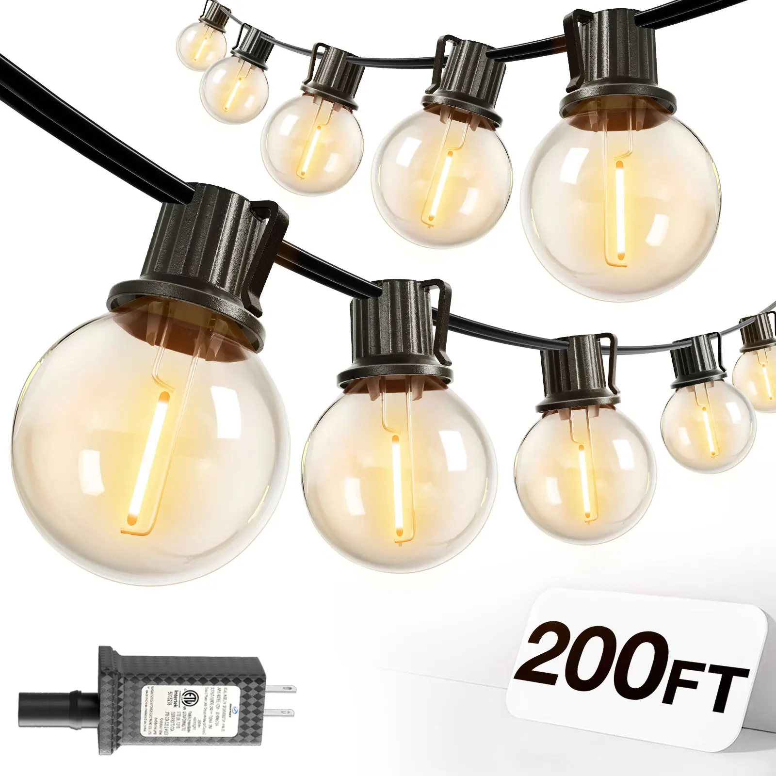 addlon Plug-in IP65 Rated LED Outdoor String Lights - 27ft/50ft/100ft/150ft/200ft, ETL Listed, Shatterproof G40 Bulbs, Dimmable Connectable, US Plug AC Power, Instant On Warm White Glow, Non-Smart Devices for Porch, Garden