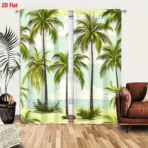 2D Flat 2-Pack Tropical Palm Tree Pattern Curtains, Home Decoration Curtain, Light Turquoise Sky & Ocean Waves Design, Retro Illustrated Beachy Window Drapes for Living Room Bedroom (Warm & Lush Green Fronds, Soft Green Ground with Spiky Vegetation)