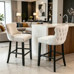 Contemporary Velvet Upholstered Wing-Back Barstools with Button Tufted Decoration Wooden Legs Chrome Nailhead Trim Leisure Style Bar Chairs Set of 2