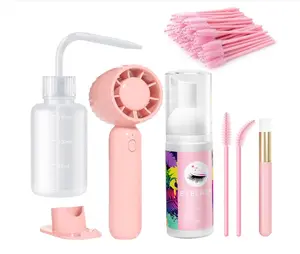 Buqikma Lash Cleaning Kit - Lash Shampoo Kit 60ML with Rechargeable Handheld Fan Dryer, Mascara Brush, Rinse Bottle, Makeup Cleansing Foam for Eyelash Extension Care, Pink