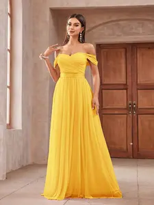 Romantic Elegant Shiny Net Mesh Off Shoulder Ruffled Waist-Tie Decor Flowy Tulle Bridesmaid Dress