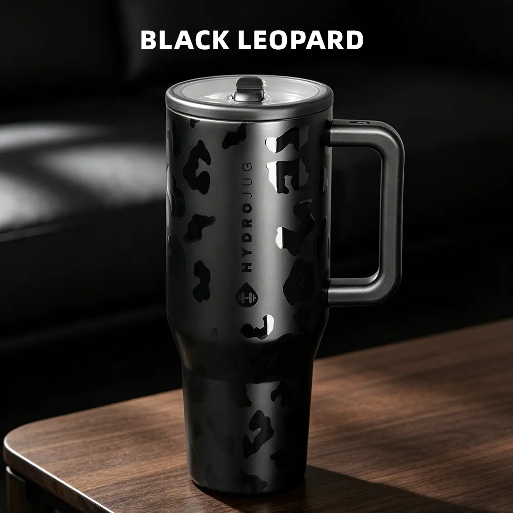 HYDROJUG Traveler 40oz Black Leopard Limited Edition Insulated Stainless Steel Flask - Portable Water Bottle with Flip-Straw Lid, Leakproof, Large Capacity, Ideal Birthday Gift