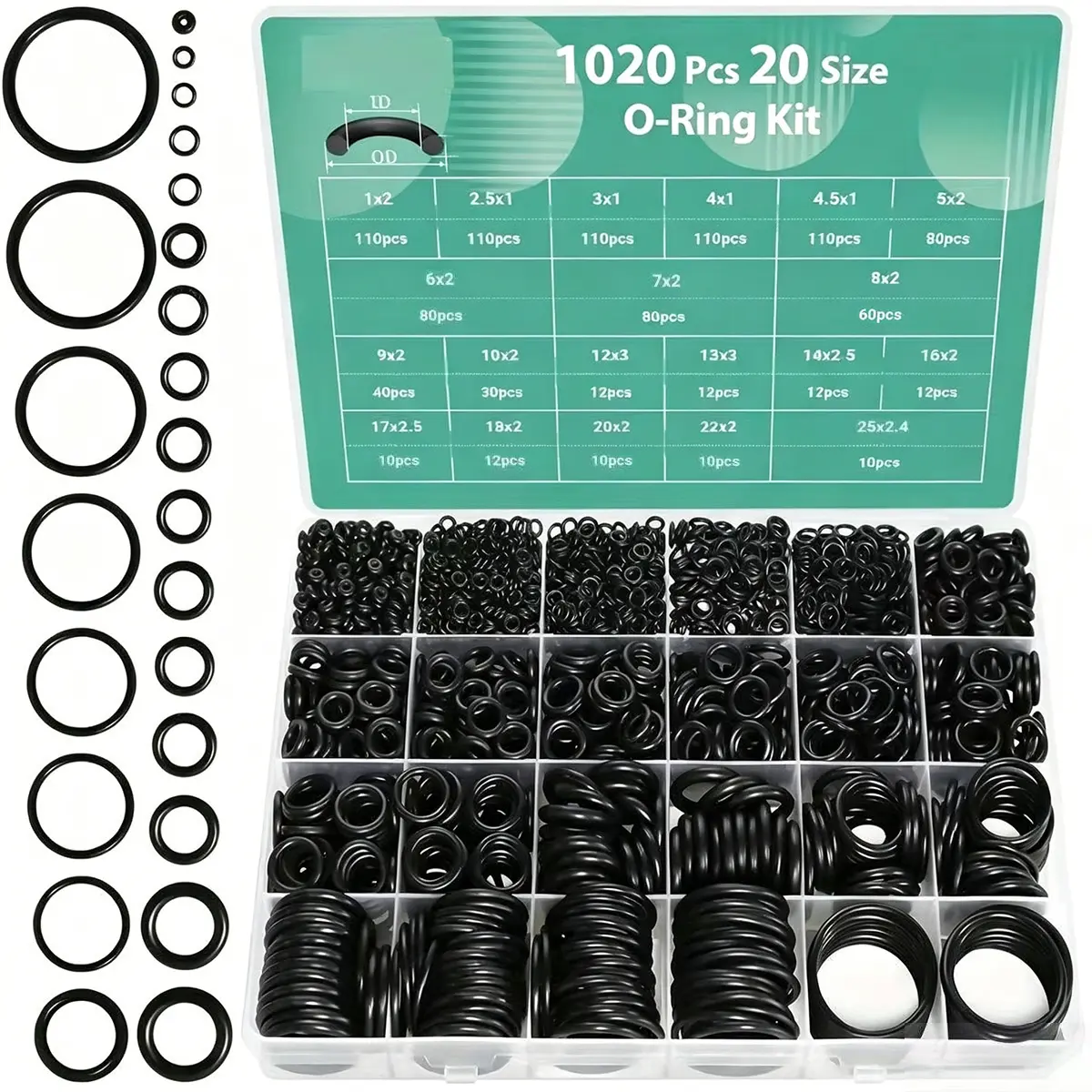 1020Pcs Nitrile Rubber O Ring Kit, 20 Sizes of O-Rings (1 to 25mm) - Oil & Heat Resistant Assortment for Car Auto Vehicle Repair, Pumps, Boats, Sensors, Faucet Plumbing Sealing Connections