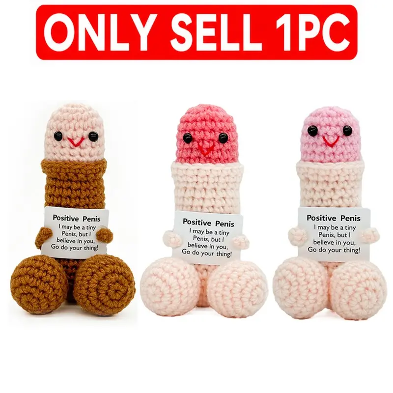 Cute Knitted Stuffed Doll with Positive Energy Card, Humorous Soft Cuddly Gift for Boyfriend and Friends, Inspirational Birthday Present, Fun Desk Decor