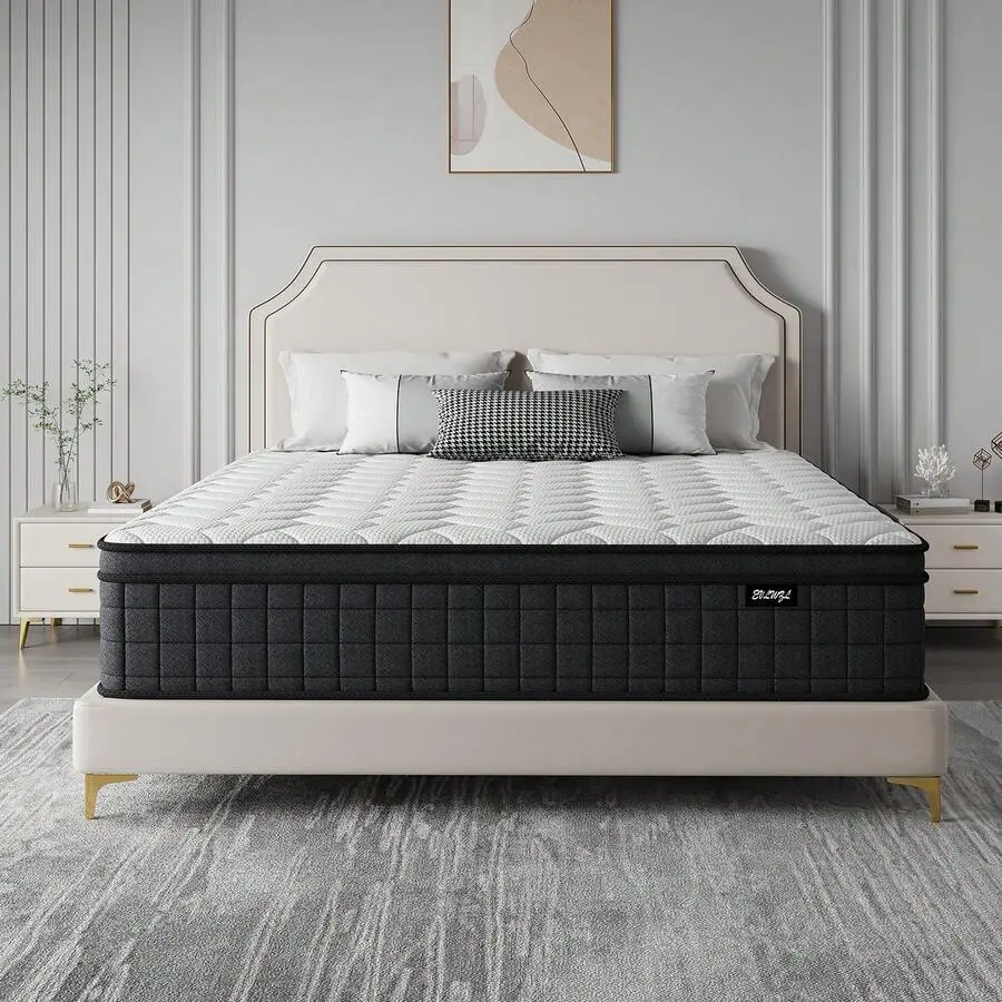 10"12"14" Queen Mattres Twin Full Queen King Size Bed Mattress In A Box, Hybrid Pocket Spring Breathable Cotton Layer Mattress For Motion Isolation & Silent Sleep, Lumbar Support & Pressure Relief, Medium Firm