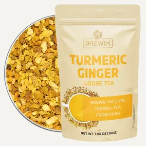 BREWIX Turmeric Ginger Loose Leaf Herbal Tea | 7.05oz / 200g | 100+ Cups | Real Turmeric & Ginger Root From India | Caffeine Free, Gluten Free, Vegan | Hot, Iced or Latte | Savory & Spicy Herbal Blend
