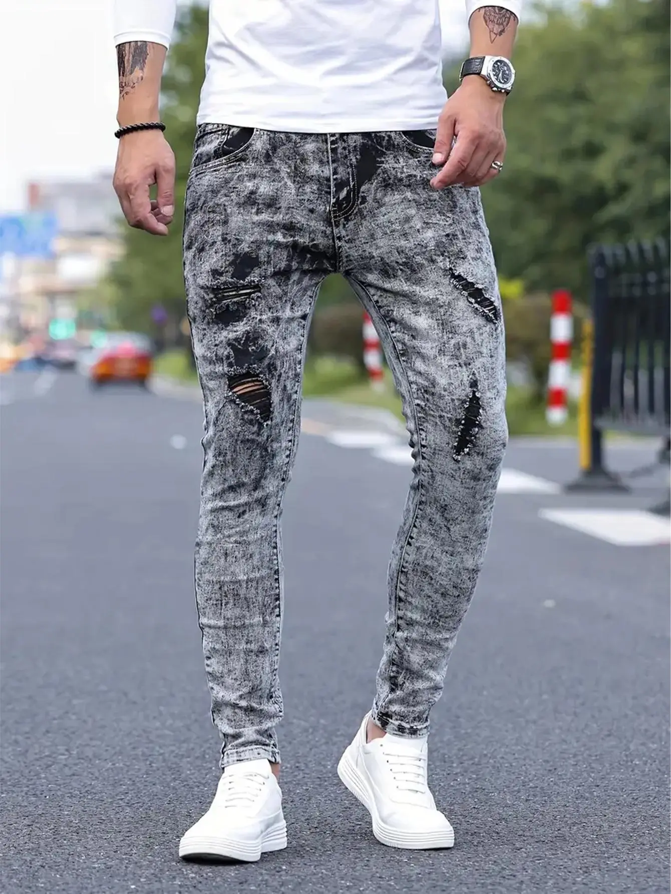 Men’s acid-wash ripped skinny jeans — slim-fit stretch denim pants, Y2K grunge streetwear trousers. Streetwear #Y2Kfashion #rippedjeans #TikTokMadeMeBuyIt Cotton Fabric