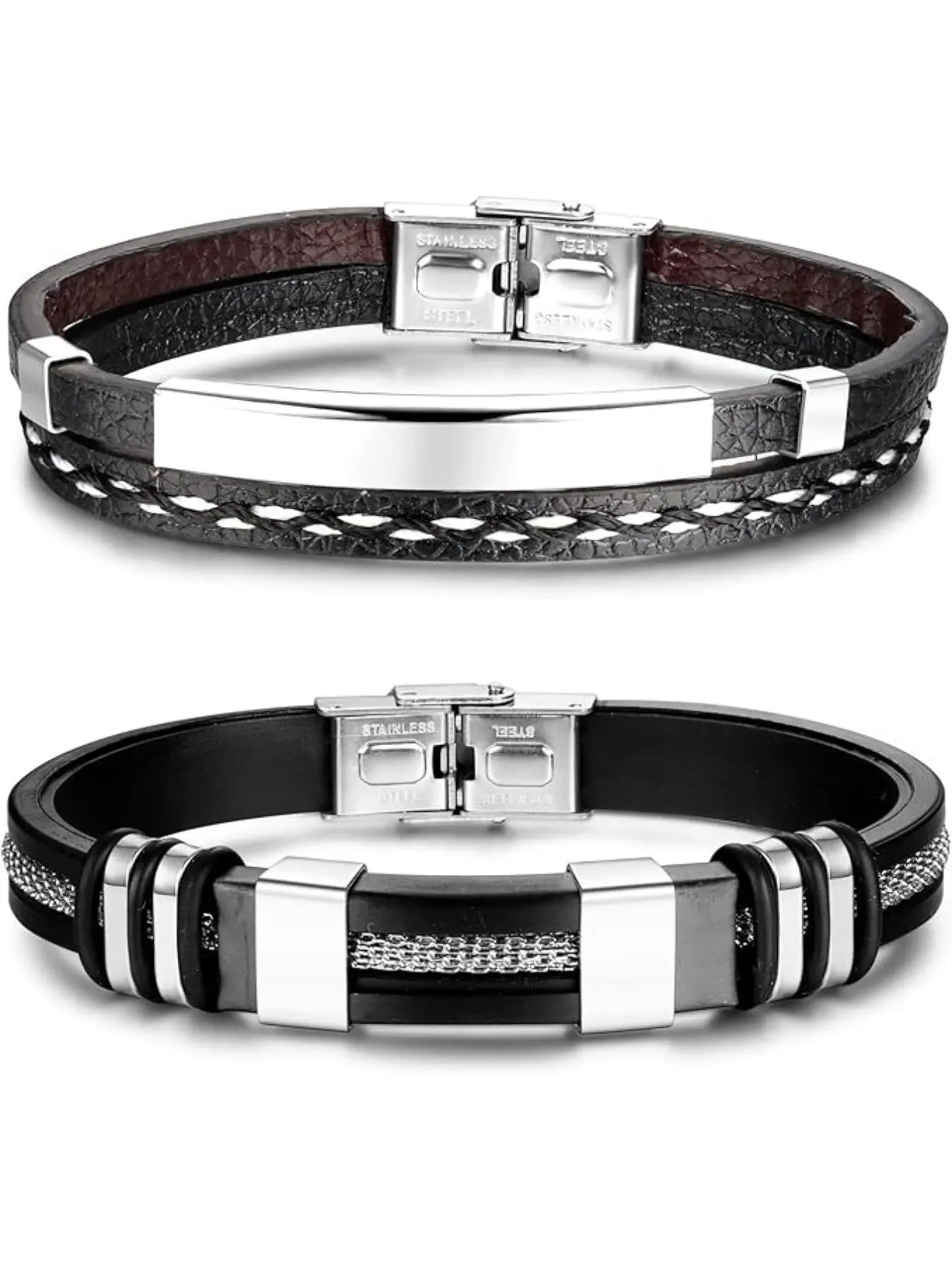 2pcs Men's black leather bracelet Stainless Steel Bracelet Father's Day Gift New Dad Men's Gifts Strap Bracelet Bangles Bracelet Sets Bracelet Jewelry
