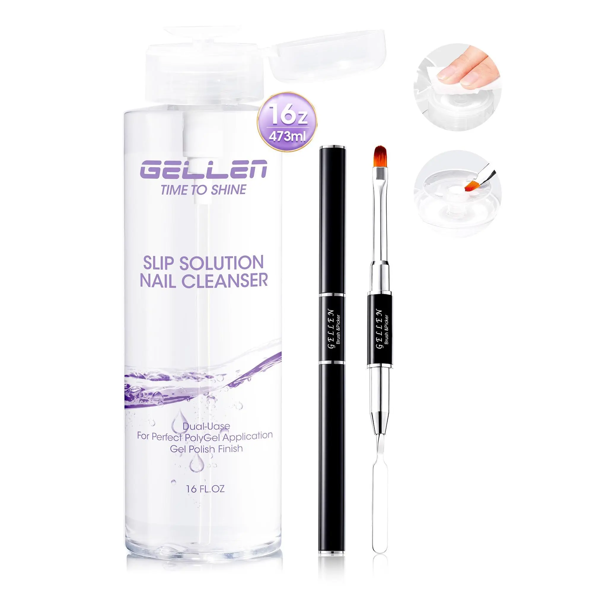 Gellen 473ml/16oz Slip Solution for Polygel Nails with Nail Brush, Pump Bottle Design Polygel Solution, Anti-stick Liquid for Poly Extension Gel & Nail Cleanser in a Bottle, Home Salon Cleaning Liquid