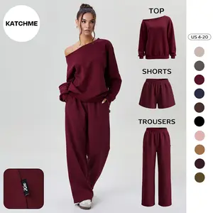 KatchMe Women's Leisure Solid Color Sloping Shoulder Long Sleeve Top & Wide Leg Trousers Co-ord, Cozy Scoop Neck Loose Two Piece Outfits, Basic Womenswear
