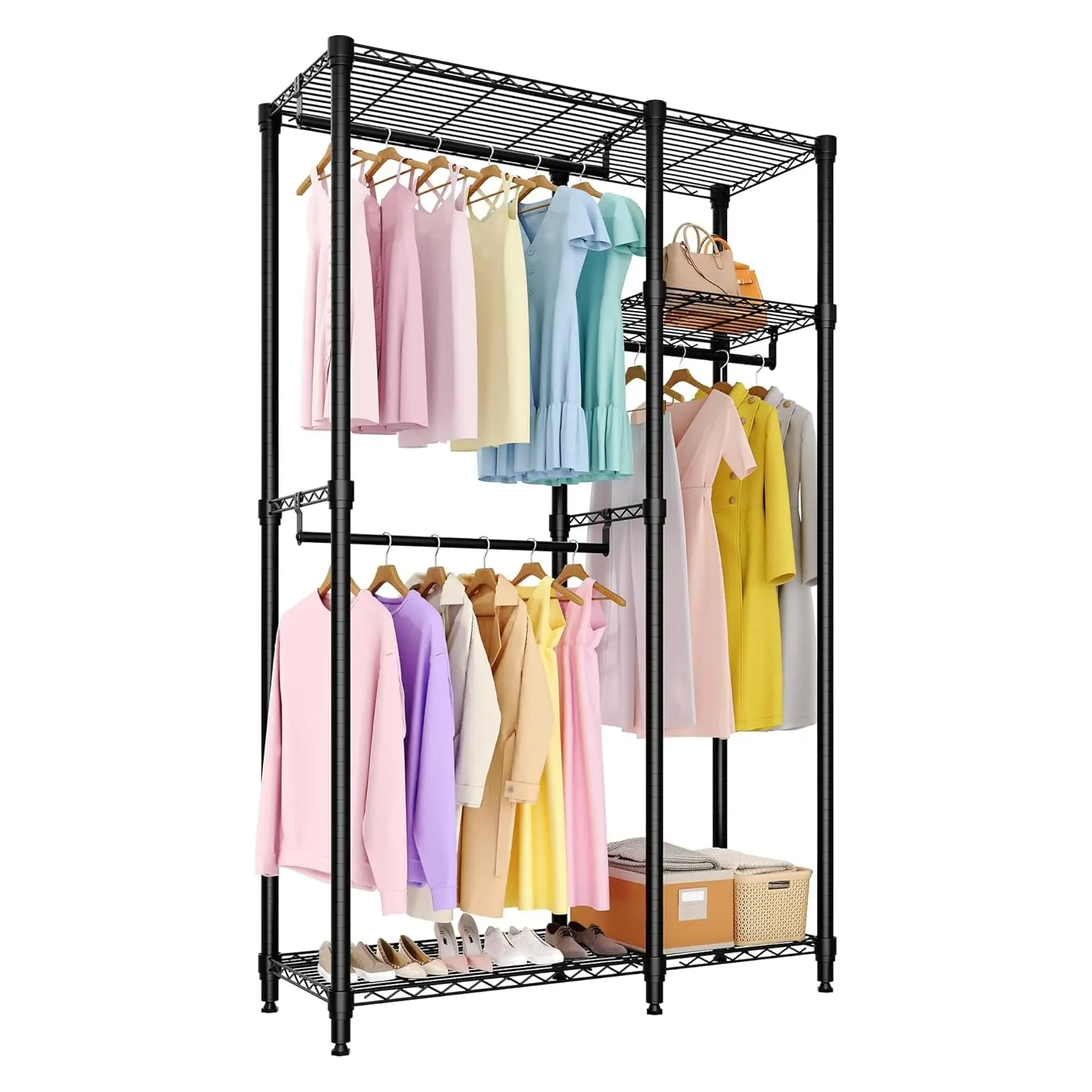 YJ-Garvee Heavy-Duty Alloy Steel Freestanding Clothes Rack, Closet Storage Narrow Tall Racks & Displays, 700lbs Max Load Organizer with 3 Hanging Rods, Adjustable Wire Shelves, Scratch Resistant Portable Closet Wardrobe, 76.5"H x 41.6"L x 15.5"W, Black