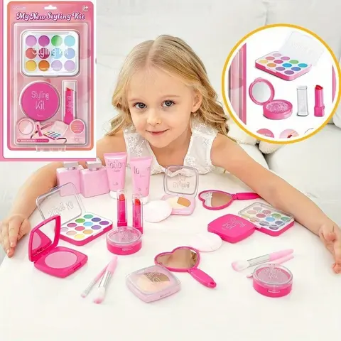 Girls' Mess-Free Simulation Fake Makeup Kit - 1pc Safe Plastic Compact Pack, Non-Smudge Non-Toy Cosmetic Box, Indoor Pretend Play Leisure Game Accessory for Girls