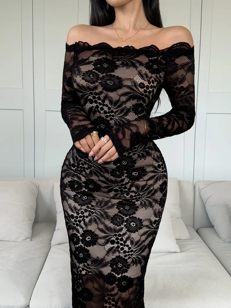 knee length dresses for ladies Bonnee Off Shoulder Lace Mini Dress Black main image 0