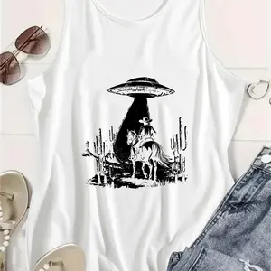 Women's Sleeveless Soft Fabric Casual Retro Western UFO Cowboy Print Tank Top - Black, Summer Vibes summerwins