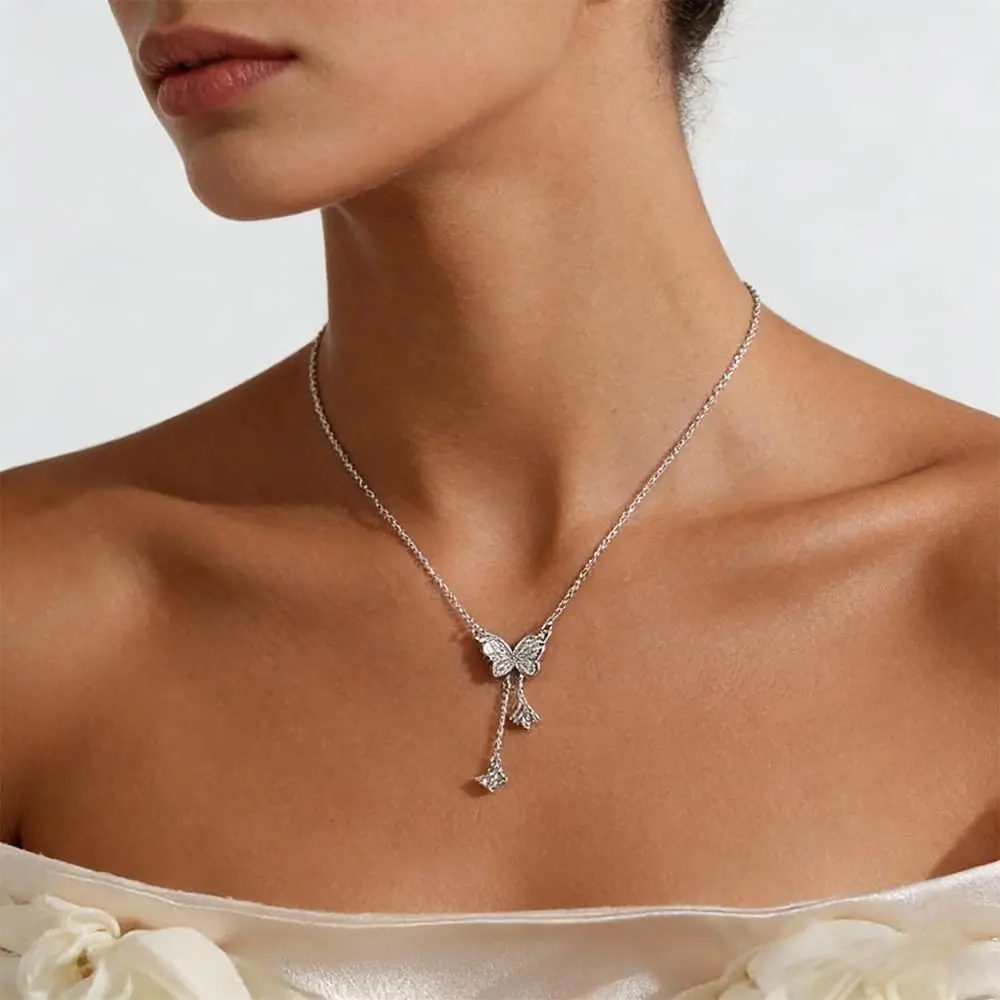 Women's 925 Sterling Silver Butterfly Pendant Necklace - Cubic Zirconia Tassel, Hypoallergenic Whimsical Dainty Animal Theme Necklace for Daily-Vacation Wear, Whimsical Necklace, Dainty Necklaces