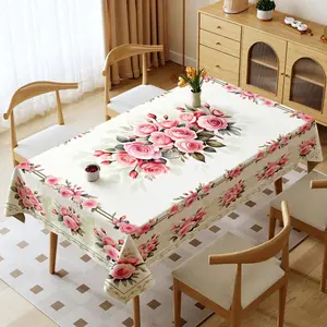 Rectangular Tablecloth with Pink Rose Floral Pattern, Polyester Material, Multiple Specifications Available, Multi - Color, Easy to Clean, Suitable for Daily Use, Festivals, Anniversaries, Warm Dining Area Style, Ideal for Home Decor