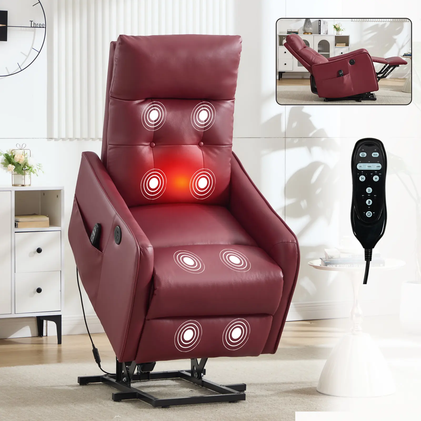 PU Single Motor Power Lift Recliner Chair for Elderly, Electric Lift Chair with Vibration Massage & Lumbar Heating, USB Charger, 155° Max Reclining Angle for Living Room,Wine Red