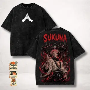 Heavyweight Vintage Washed Sukuna Graphic T Shirt Unisex JJK Anime King of Curses Print Short Sleeve Casual Retro Streetwear Bootleg Style Fan Merch Top For Men Women Daily Outdoor Wear