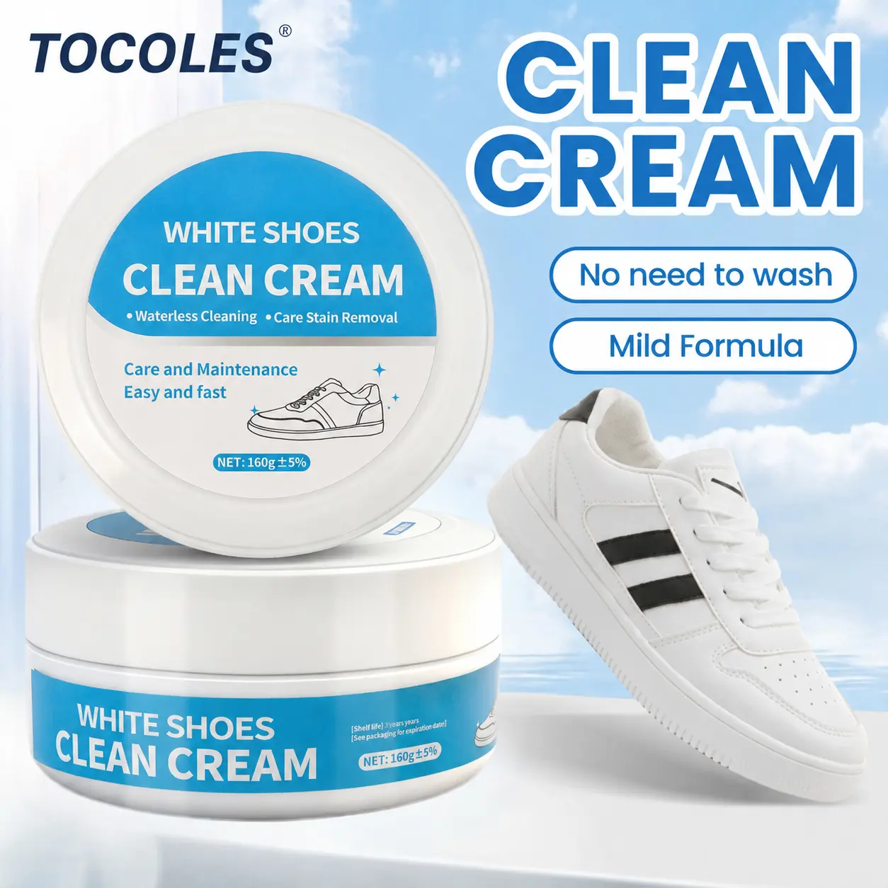 TOCOLES White Shoe Cleaner Cream Multipurpose No-Wash Solid with Sponge for Leather Silicone Car Interiors Mild Non-Irritating Eco-Friendly 160g