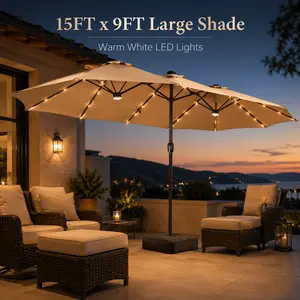 POUUIN 15FT x 9FT Double-Sided Adjustable Patio Canopy Umbrella (Patio Parasol) with Warm Solar LED Lights, Included Base & Sandbags, Large Shade for Backyard Dining, Evening Gatherings