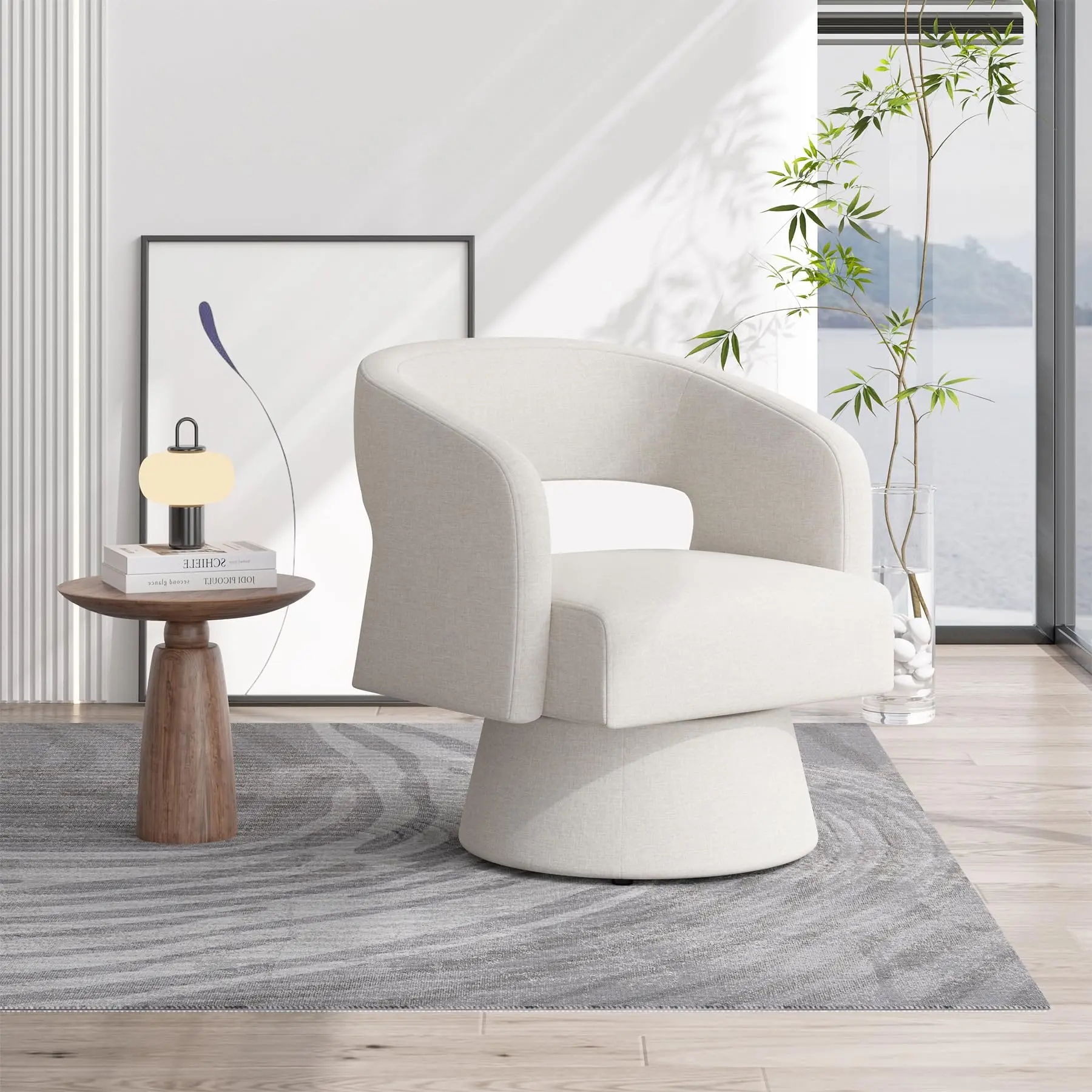 Swivel Barrel Accent Chair, Linen Fabric Upholstered Armchair with Wood Frame & Spring Support,Modern Comfy Lounge Sofa Chair with Round Back for Reading Living Room Bedroom,Beige Ergonomic