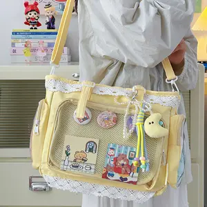 Sweet style transparent pain bag, lace lace decoration can display the badge, student work clothing daily easiest for match shoulder bag