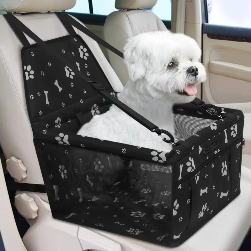 Dog Car Booster Seat for Small-Medium Dogs, Foldable Waterproof Breathable Fabric, Portable Car Bed with Safety Buckle, Storage Pocket, Easy to Carry Travel Organizer