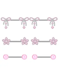 3 Pairs 14g Nipple Rings for Women, 316L Stainless Steel Heart Bow Cz Flower Barbell, Cute Nipplerings Piercing Jewelry