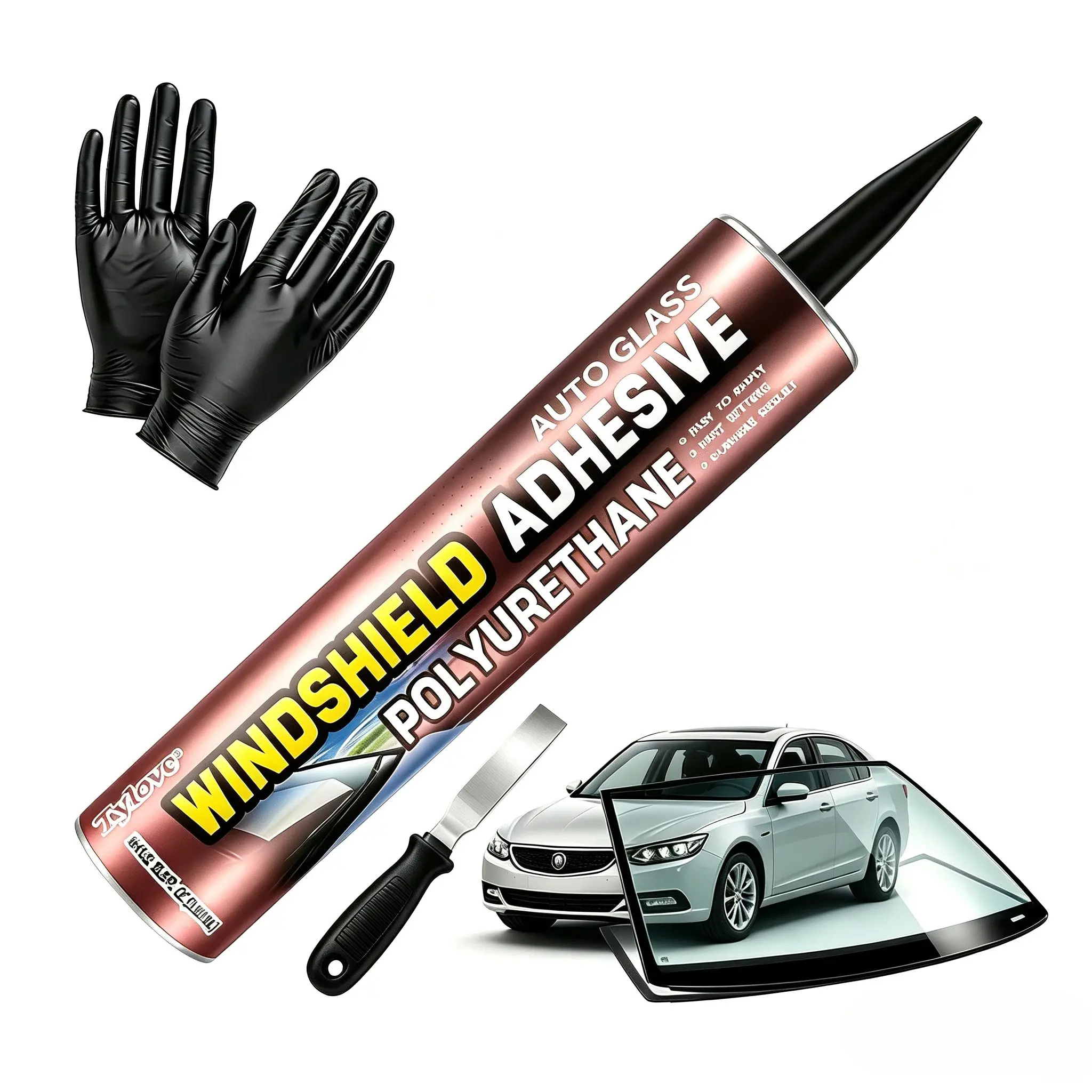 Windshield Adhesive Sealant – Fast Curing, Superior Weather Resistance, Professional-Grade Automotive Glass Adhesive. Suitable for Vertical and Overhead Application. Windshield Repair Kit (Gloves Included), 10.5 oz, Black