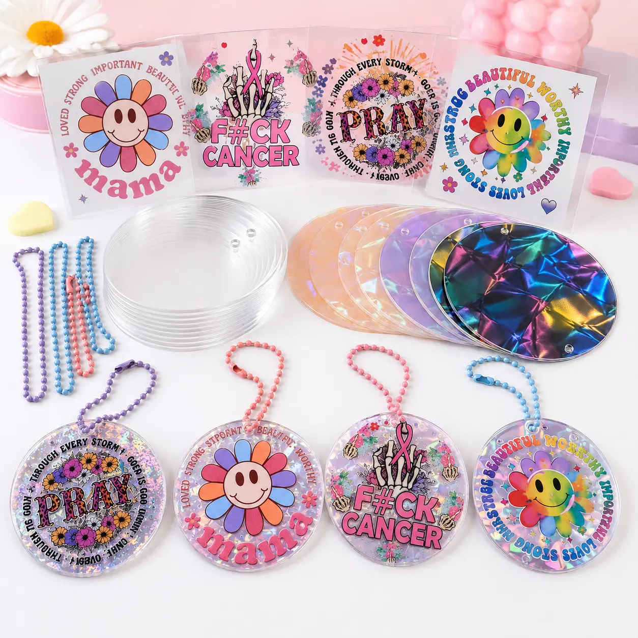 60pcs Cartoon keychain stickers acrylic color round plate keychain pendant accessories set