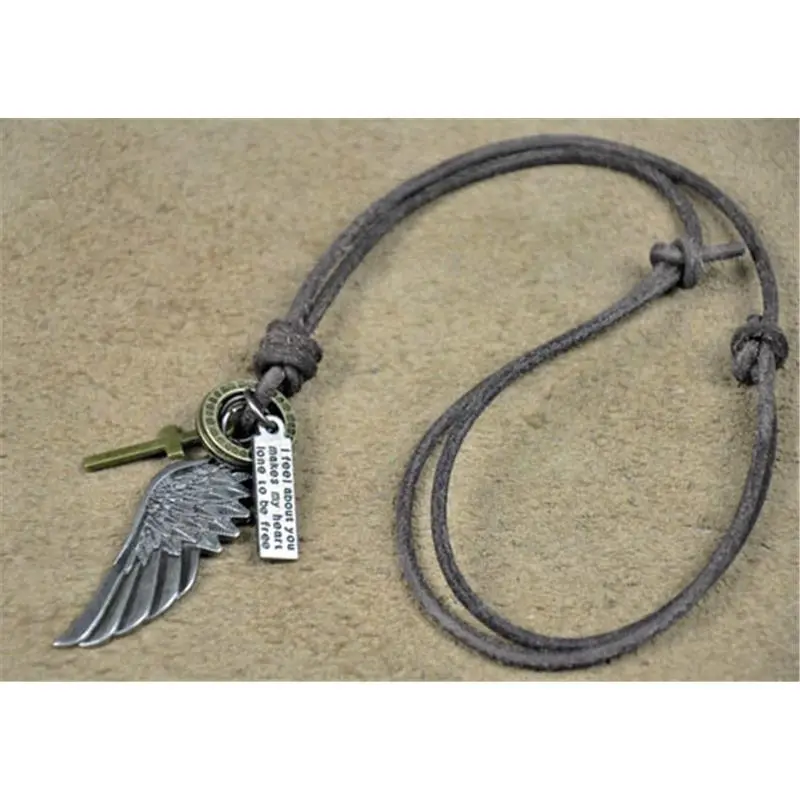Men's Vintage Leather Cool Metal Wing Pendant Charm Surfer Necklace Choker Brown