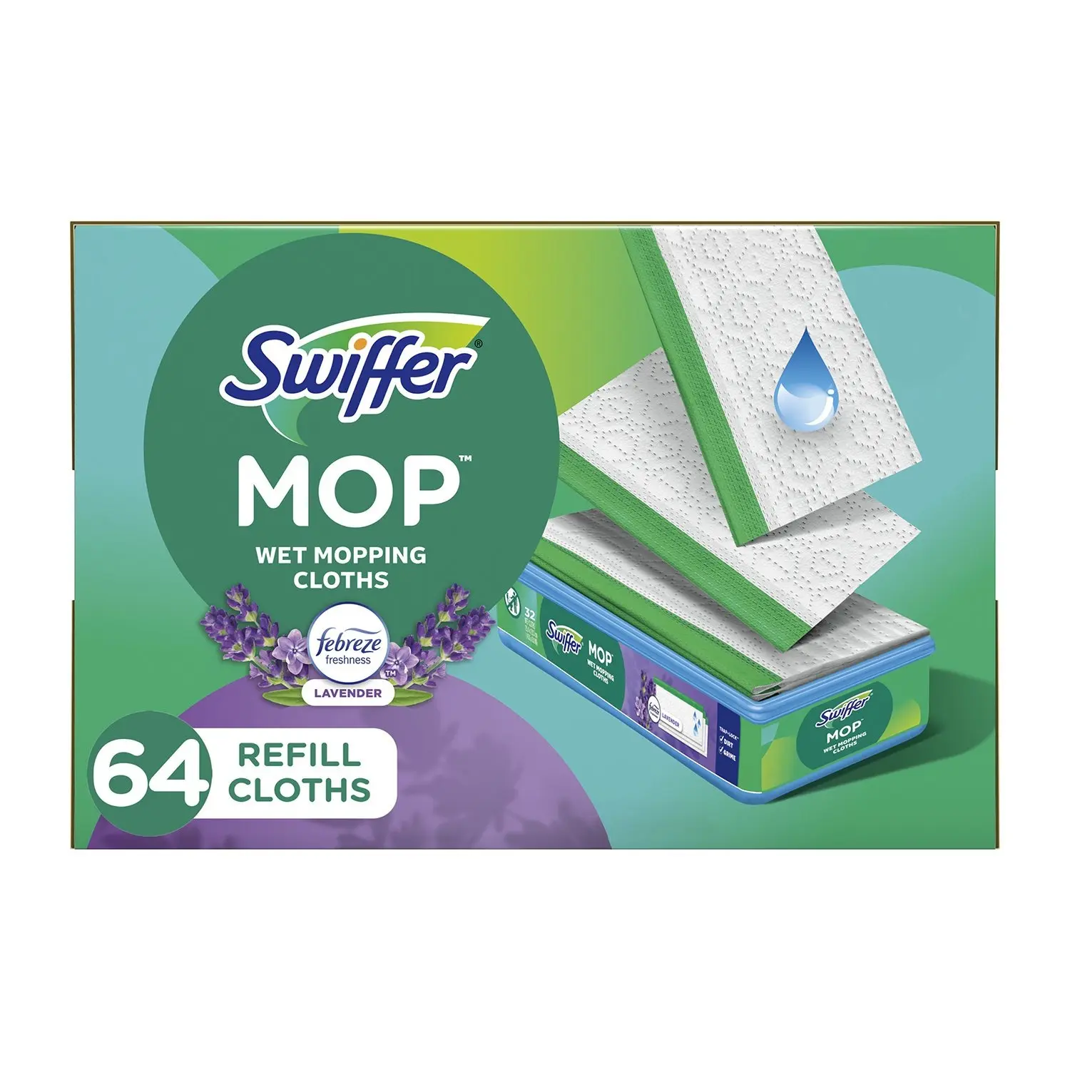 Swiffer Sweeper Wet-Dry Mop Pads Refill - Lavender Scent, 64-Count Textured Cloths with Scrubbing Strip, Wet Mopping Cloths for Tile Floors Grime Removal Home Care Supplies