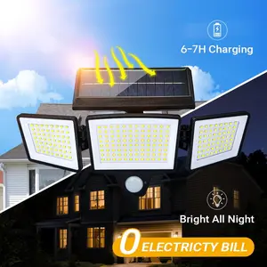 Solar Motion Sensor Outdoor Light, 3-Head 300 LED Security Floodlight with Remote Control, IP65 Waterproof Adjustable Wall Lamp, Solar Powered Exterior Light for Garden, Garage, Yard, Porch, Driveway