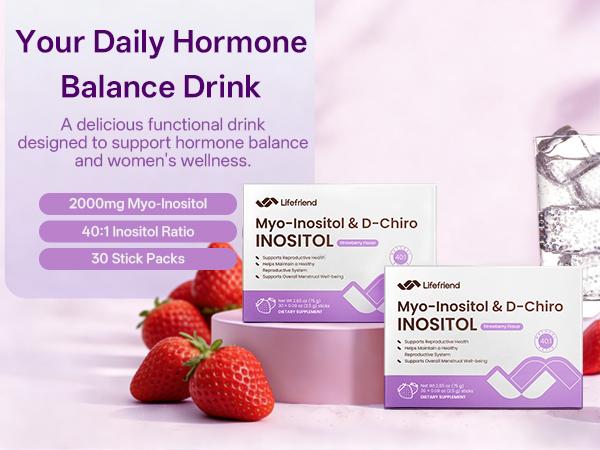 Hormone Balance Drink Mix for Women – Inositol Powder Strawberry Flavor Drink with 2000mg Myo-Inositol + D-Chiro 40:1 Ratio, Vitamin D, Folate, Cycle Support, Energy & Mood