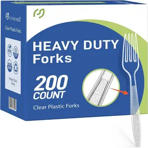 [200 Count] Plastic Forks Heavy Duty Clear Disposable Forks with Engraved Design -  Bulk Plastic Utensils Sturdy Cutlery Set Durable Plasticware Silverware for Party,Daily,Picnic,Events
