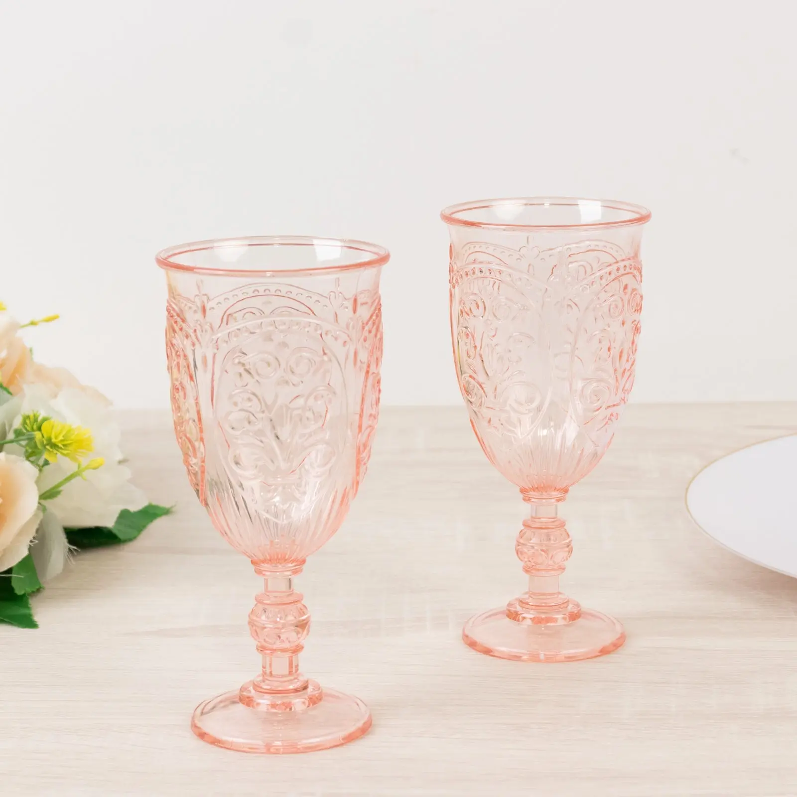 24-Pack 10oz Plastic Wine Glasses - Transparent Blush Vintage Goblets with Retro Embossing, Elegant Kitchen Drinkware for Weddings/Birthdays, 7" Tall