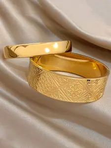 2pcs Gold Tone Stainless Steel Bracelets Set, Engraved Geometric Pattern Hinged Bangle & Polished Cuff, Stackable Durable Jewelry for Daily Wear & Special Occasions Gift, Elegant Minimalist Bangle