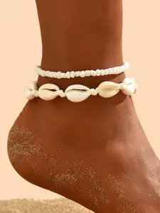 Boho Style Shell Decor Beaded Anklet, Dainty Layered Anklet, Fashionable Adjustable Anklet for Women & Girls, Trendy All-match & Exquisite Jewelry for Birthday Gift