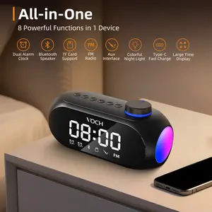 Bluetooth Speaker with Dual Alarm Clock, FM Radio, TF Card Slot, AUX Input, LED Mood Light, Digital Bedside Clock for Bedroom, Home, Travel